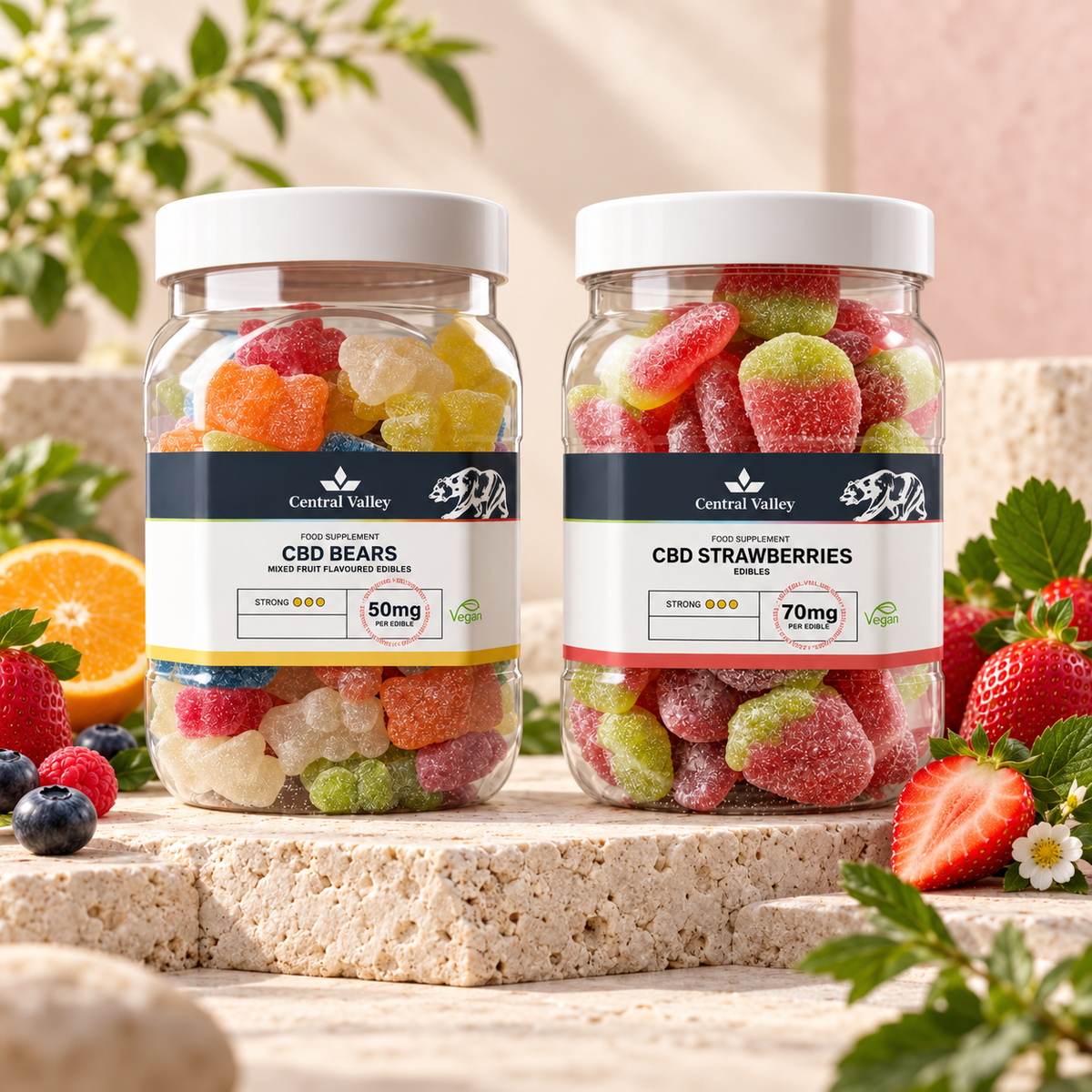 Central Valley CBD Gummy Variety Duo with 50mg mixed fruit bears and 70mg strawberry gummies