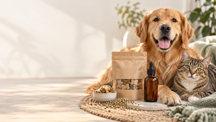 Golden retriever and tabby cat beside hemp seed oil and pet treats