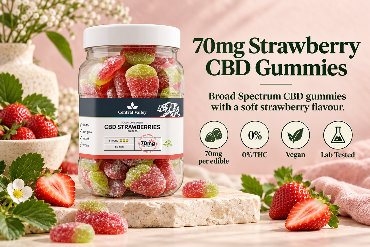 70mg Strawberry Broad Spectrum CBD Gummies – 72 Gummies product packaging