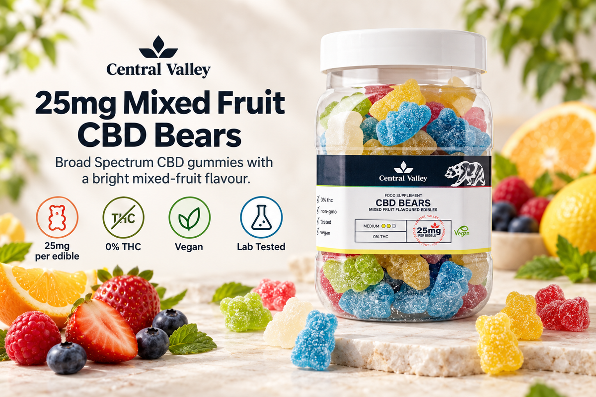 Central Valley CBD 25mg mixed-fruit broad-spectrum gummies - 100-gummy tub