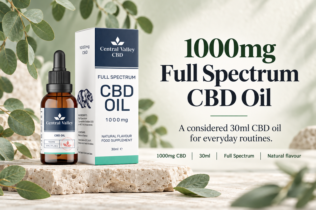 1000mg Full Spectrum CBD Oil – 30ml (33mg per 1ml) product packaging