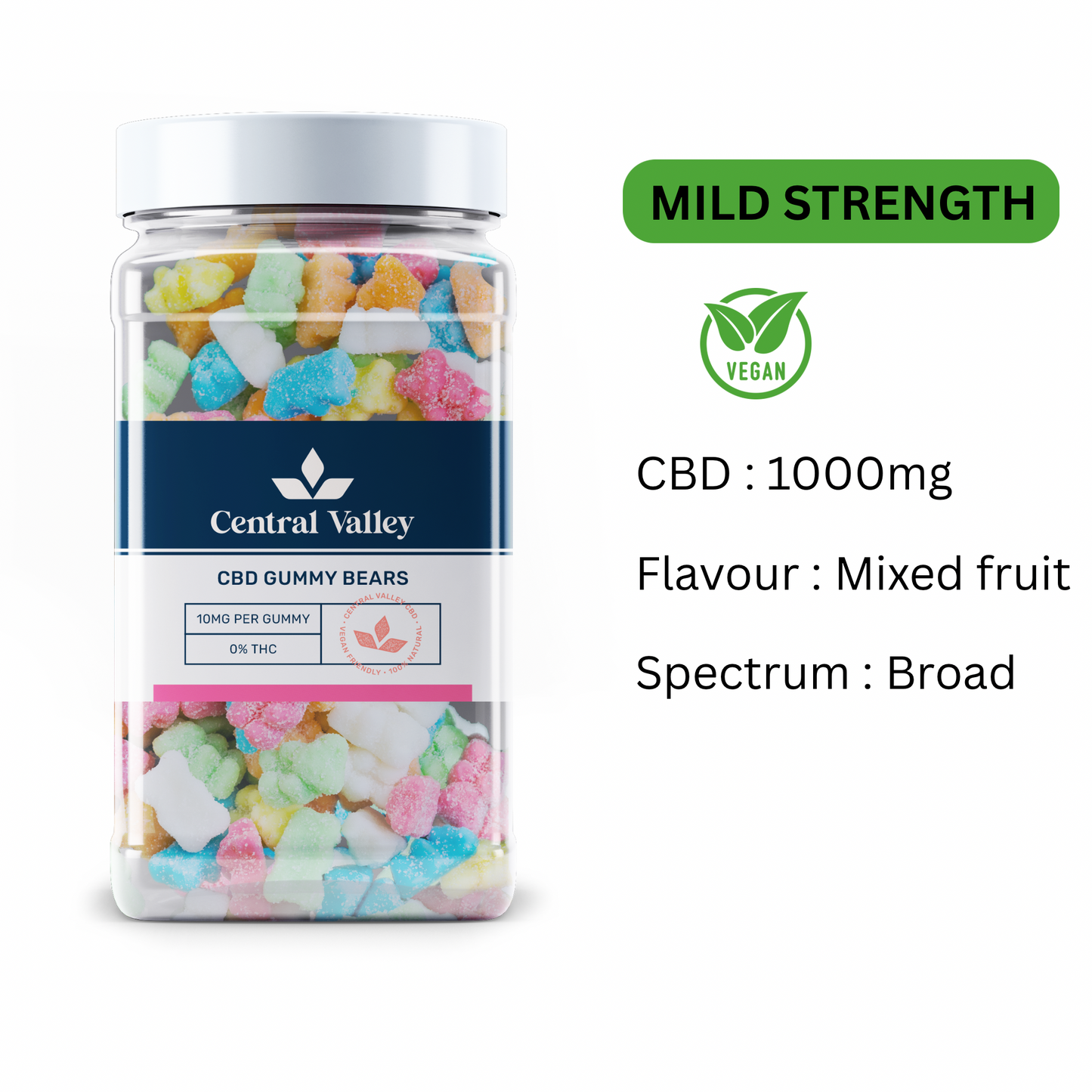 Broad Spectrum CBD Gummy Bears – 10mg per Gummy – Large Tub (1,000mg Total CBD)