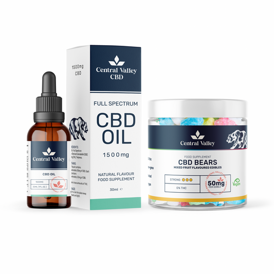 Beginner’s CBD Starter Bundle Included Products: 1000mg Full Spectrum CBD Oil (30ml) + CBD Gummy Bears Small Tub (25 bears, 50mg).
•  Suggested RRP: £42.99 (Save £6.99 or 14%).