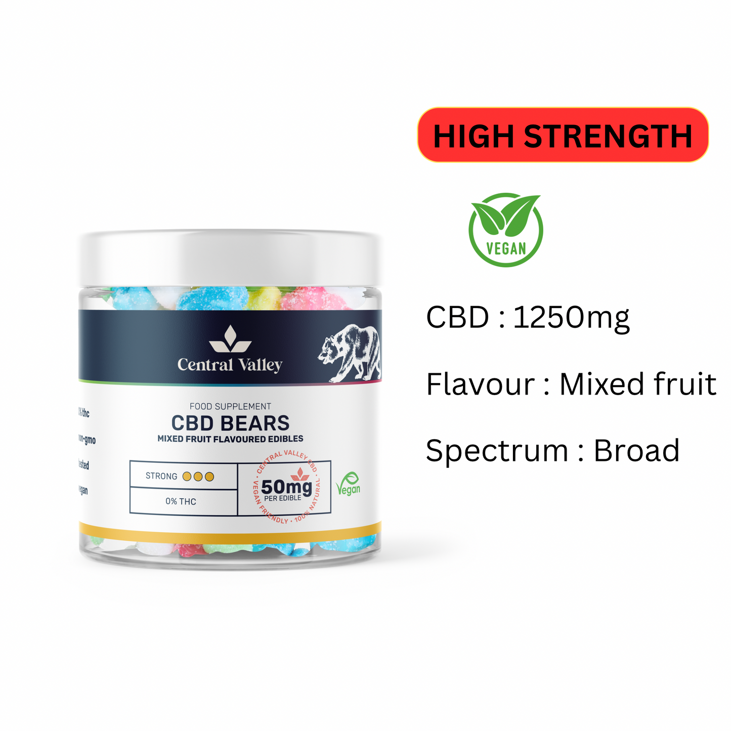 Broad Spectrum CBD Gummy Bears – 50mg per Gummy – Small Tub (1,250mg Total CBD)