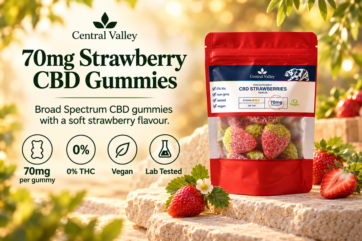 70mg Strawberry Broad Spectrum CBD Gummies – 10-Gummy Grab Bag product packaging