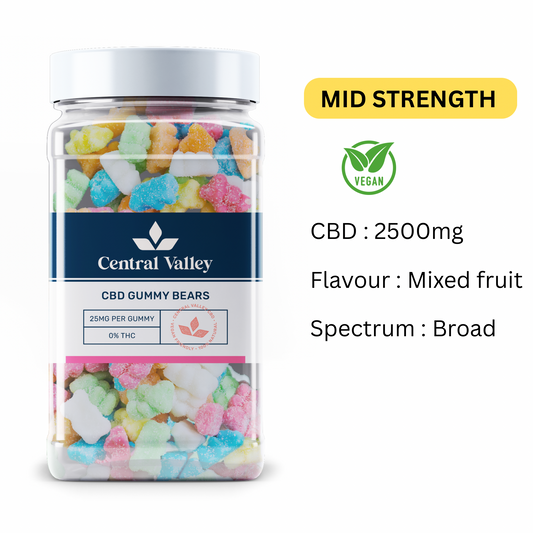 Broad Spectrum CBD Gummy Bears – 25mg per Gummy – Large Tub (2,500mg Total CBD)