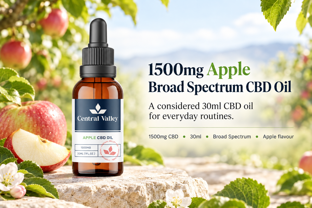 1500mg Broad Spectrum CBD Oil – Apple, 30ml (50mg per 1ml) product packaging