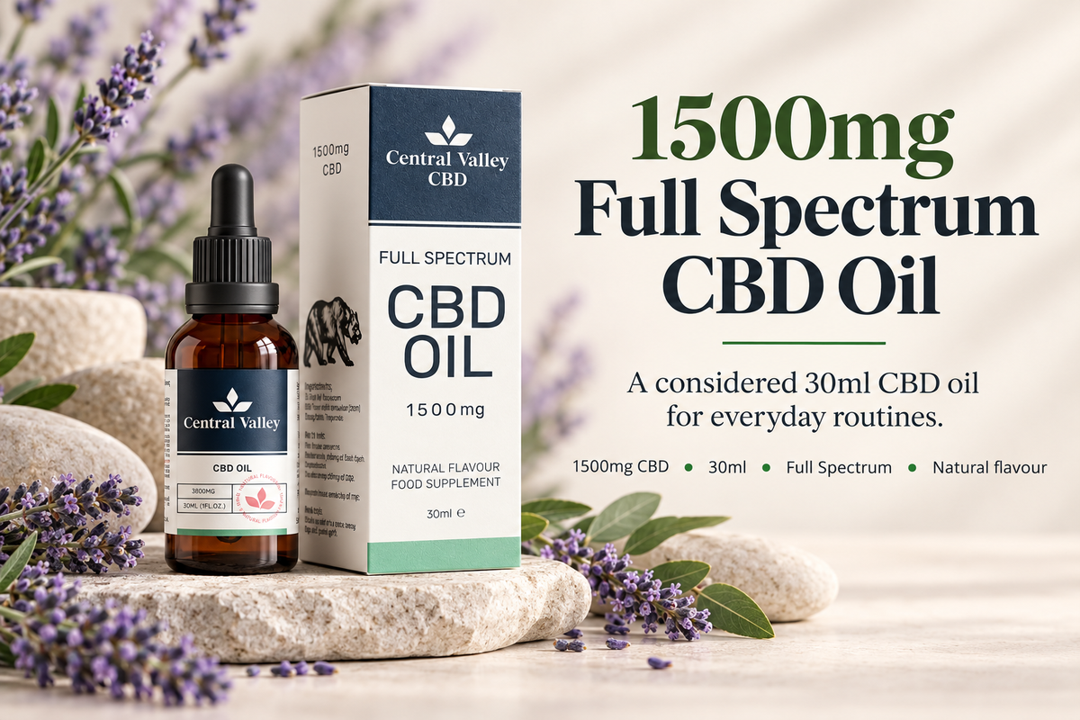1500mg Full Spectrum CBD Oil – 30ml (50mg per 1ml) product packaging