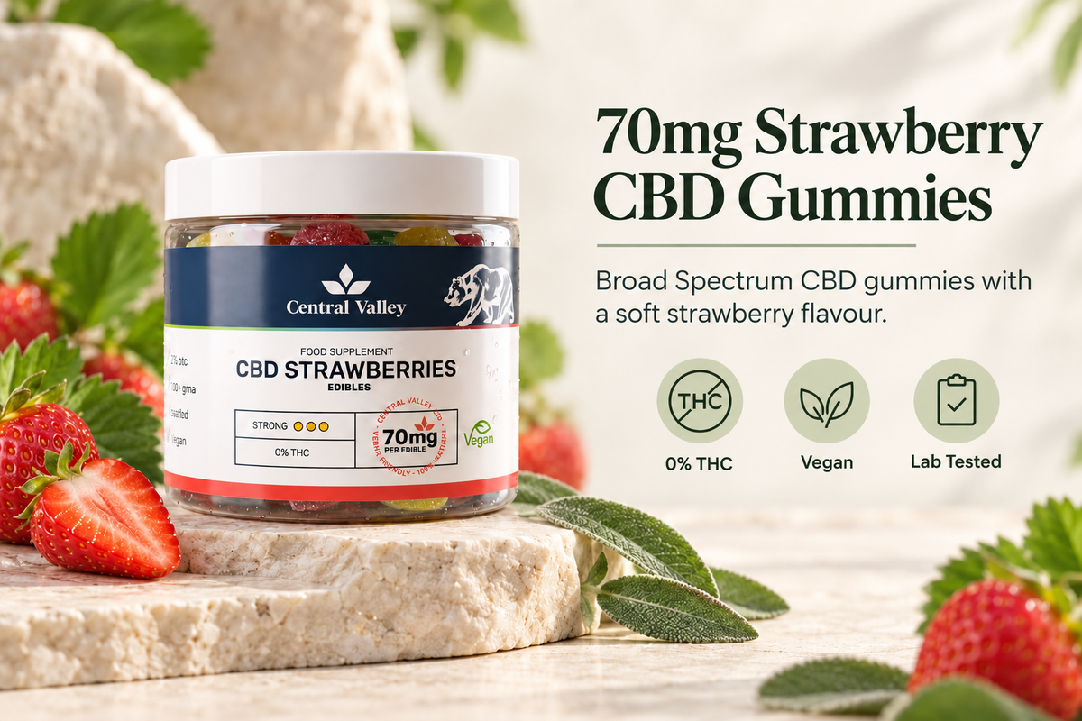 70mg Strawberry Broad Spectrum CBD Gummies – 20 Gummies product packaging