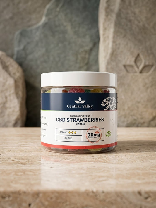 70mg Maximum Strength Strawberry CBD Gummies (max strength) small tub 20 Gummies