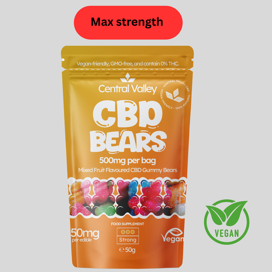 CBD Edibles – 50mg Broad Spectrum Gummy Bears (500mg Per Bag) High strength.