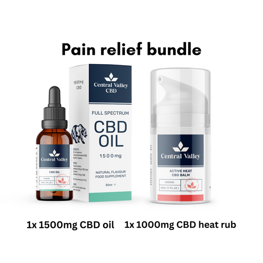 Pain Relief Bundle. 1500mg Full Spectrum CBD Oil + 1000mg CBD Muscle and Joint Heat Rub