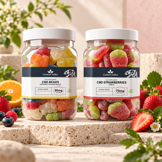 Central Valley CBD Gummy Variety Duo with 50mg mixed fruit bears and 70mg strawberry gummies