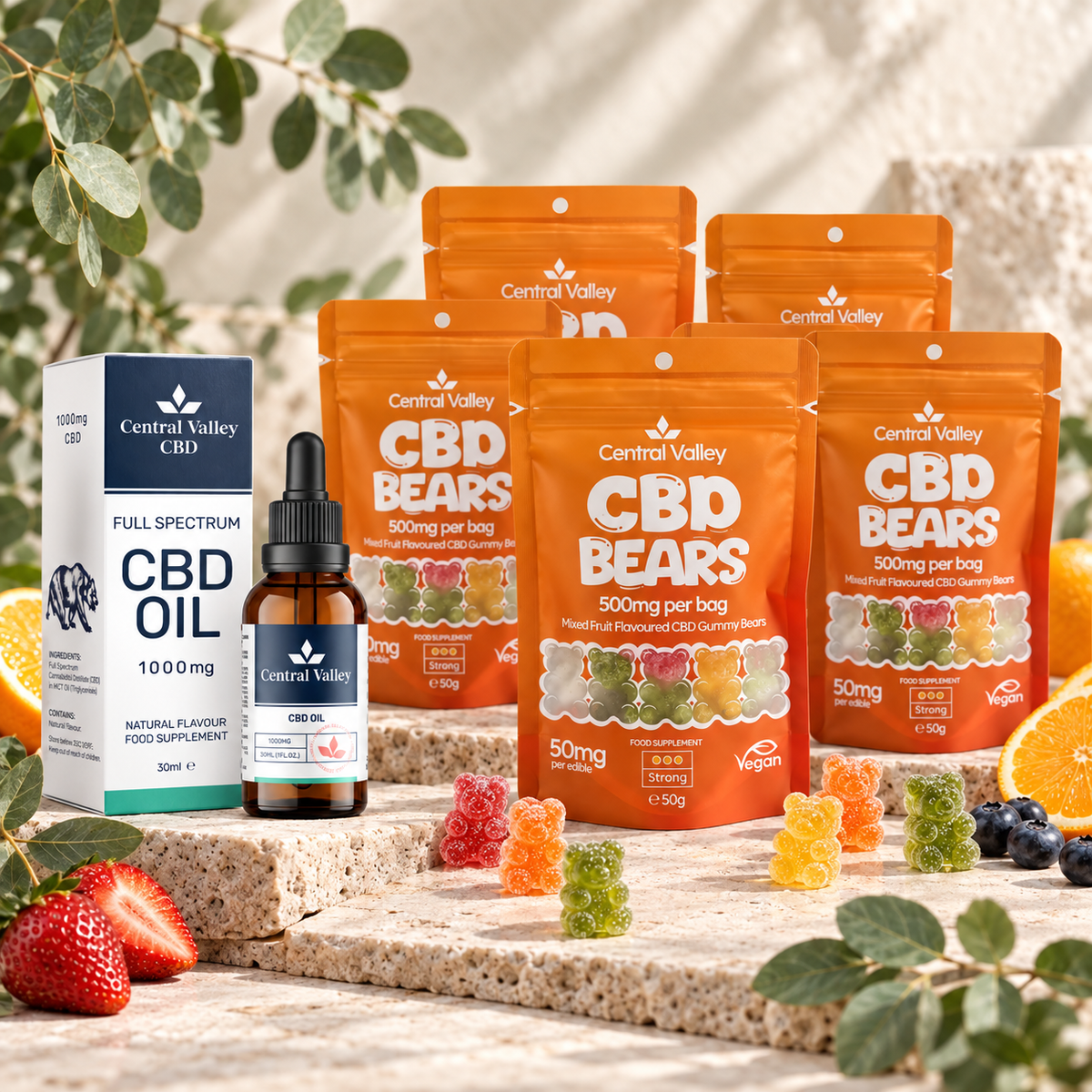 Central Valley CBD Starter Essentials bundle with 1000mg oil and five 50mg gummy grab bags